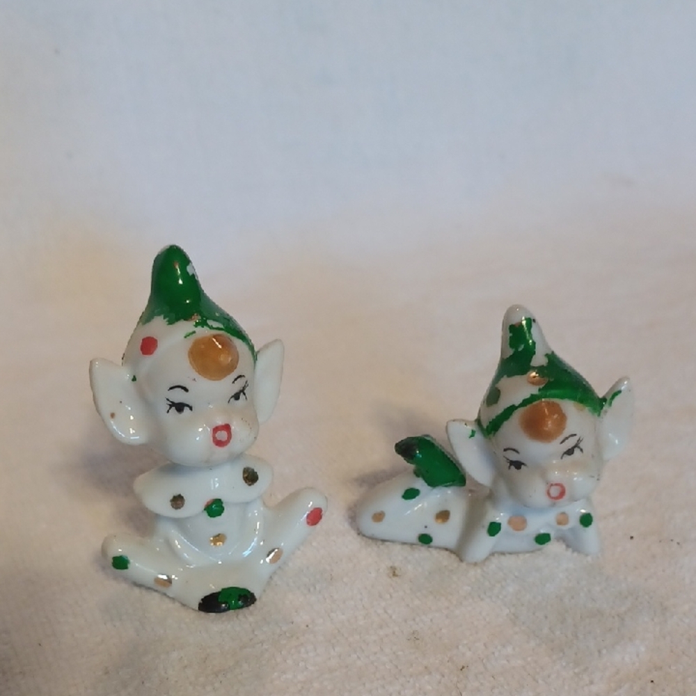 Holiday Elf Figurines - Green and White 1950' JAPAN